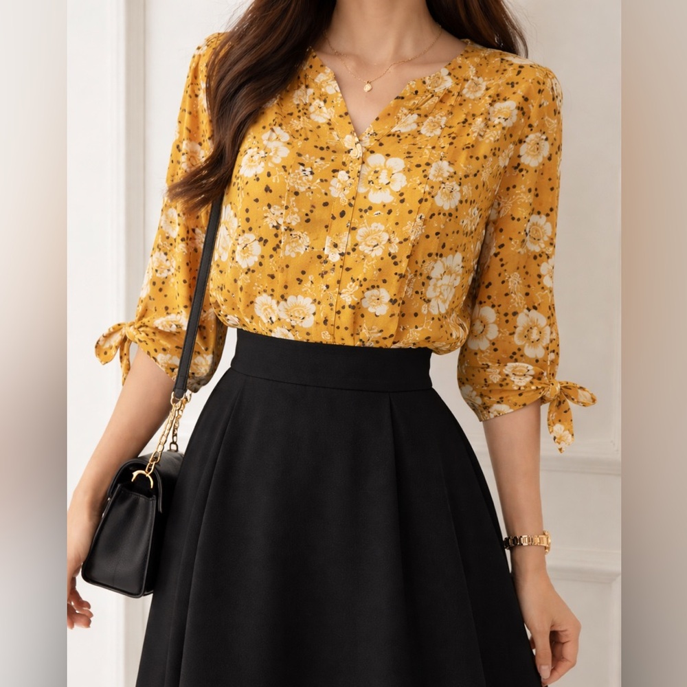🛍️3 For $10🛍️ Como Black Mustard Yellow Gold Floral Pin Tuck Top, S
